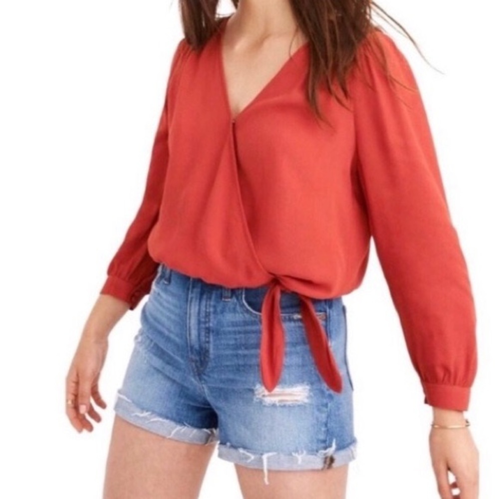 Madewell Red Wrap Long Sleeve Tie Front Blouse